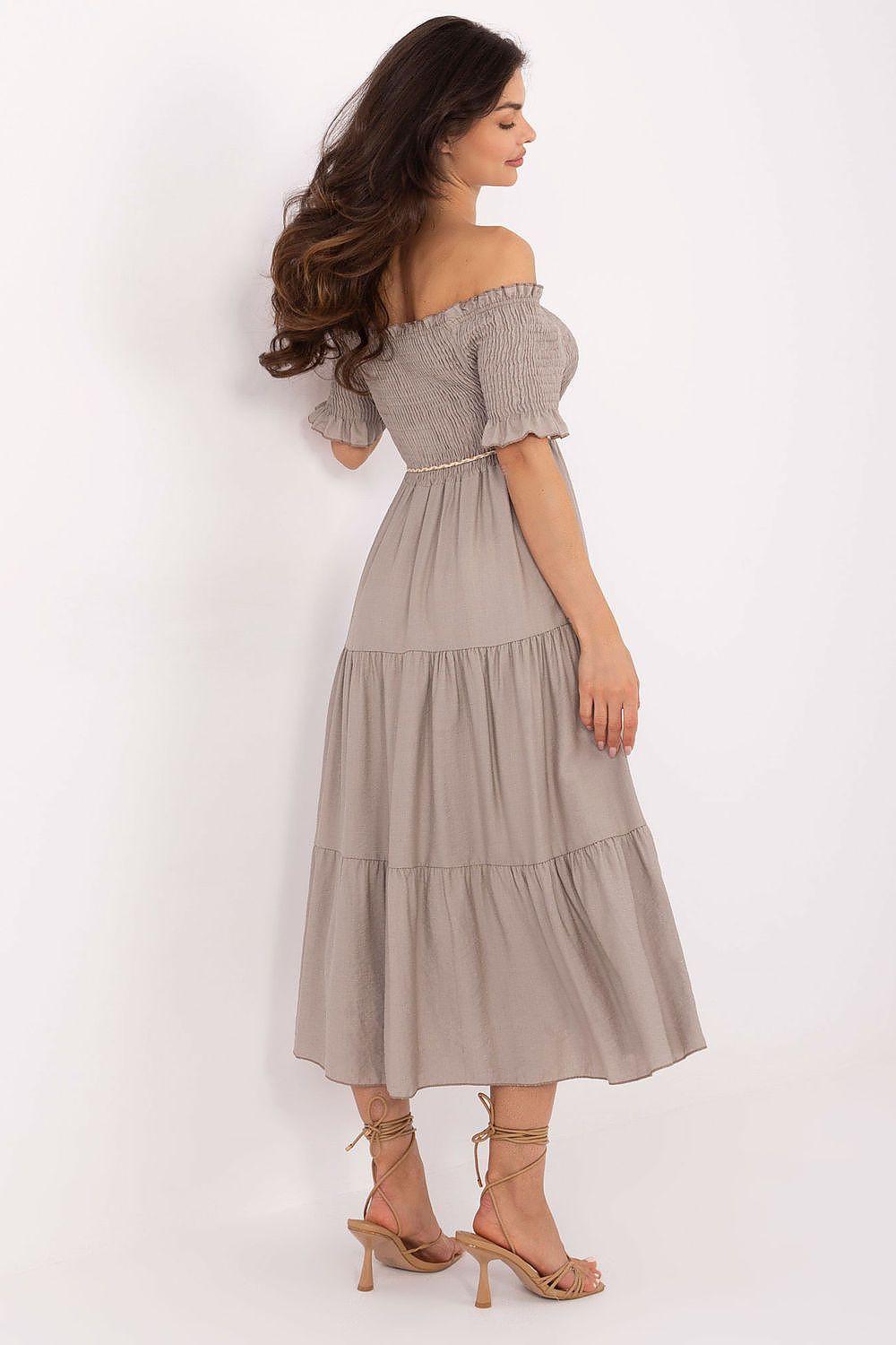 Light gray off-shoulder tiered daydress, short sleeves and waist tie