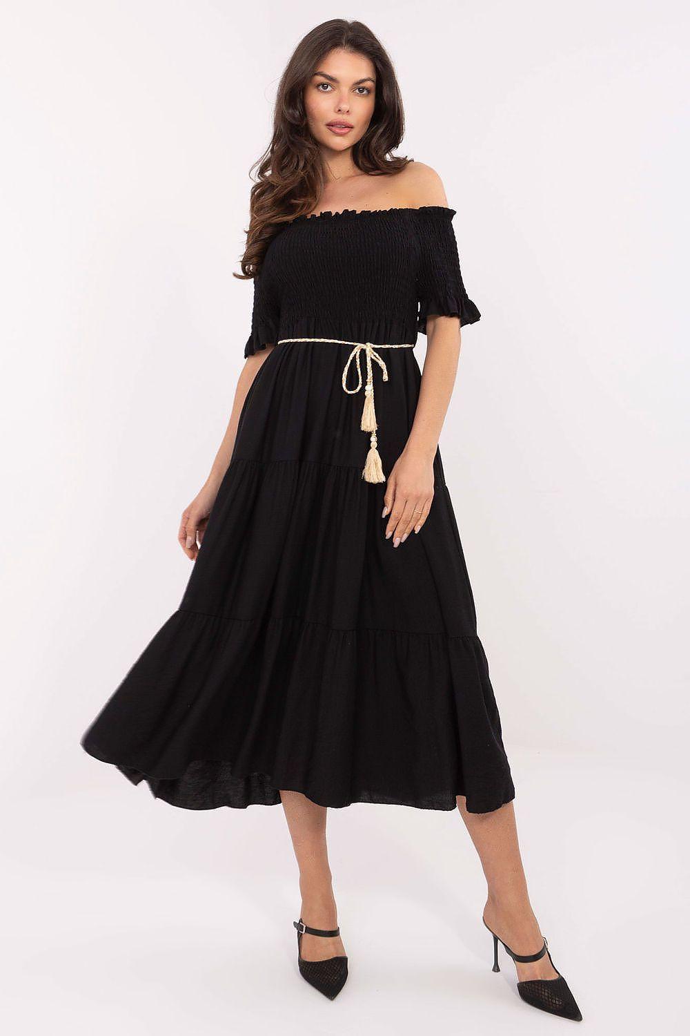 Black off-shoulder tiered daydress with lace-up tassel waist