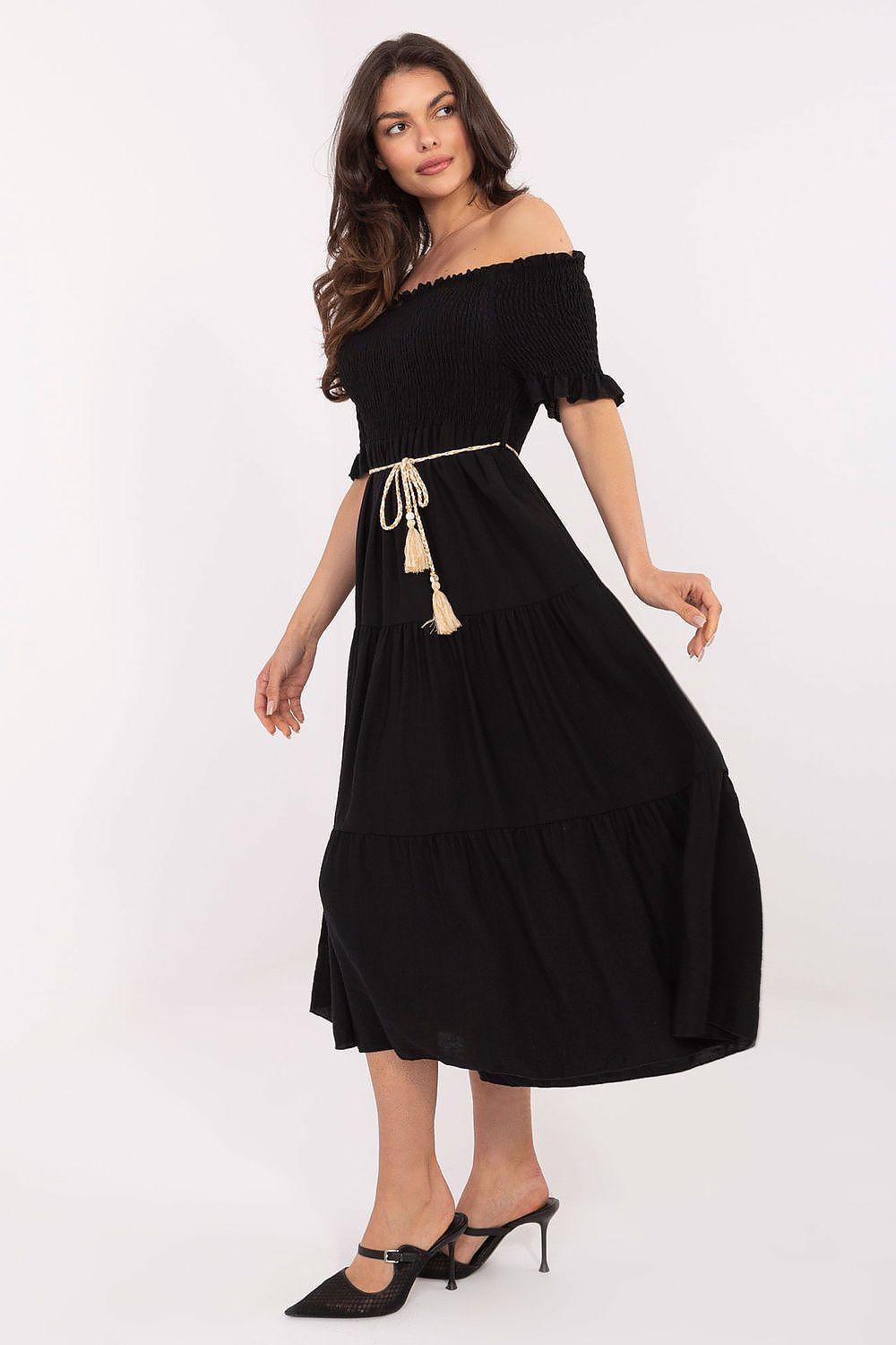 Black off-shoulder tiered daydress with drawstring waist tassels