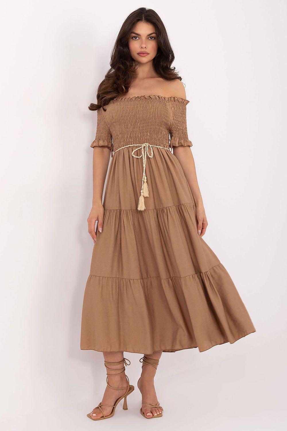 Tan off-shoulder tiered daydress with lace-up tassel waist tie