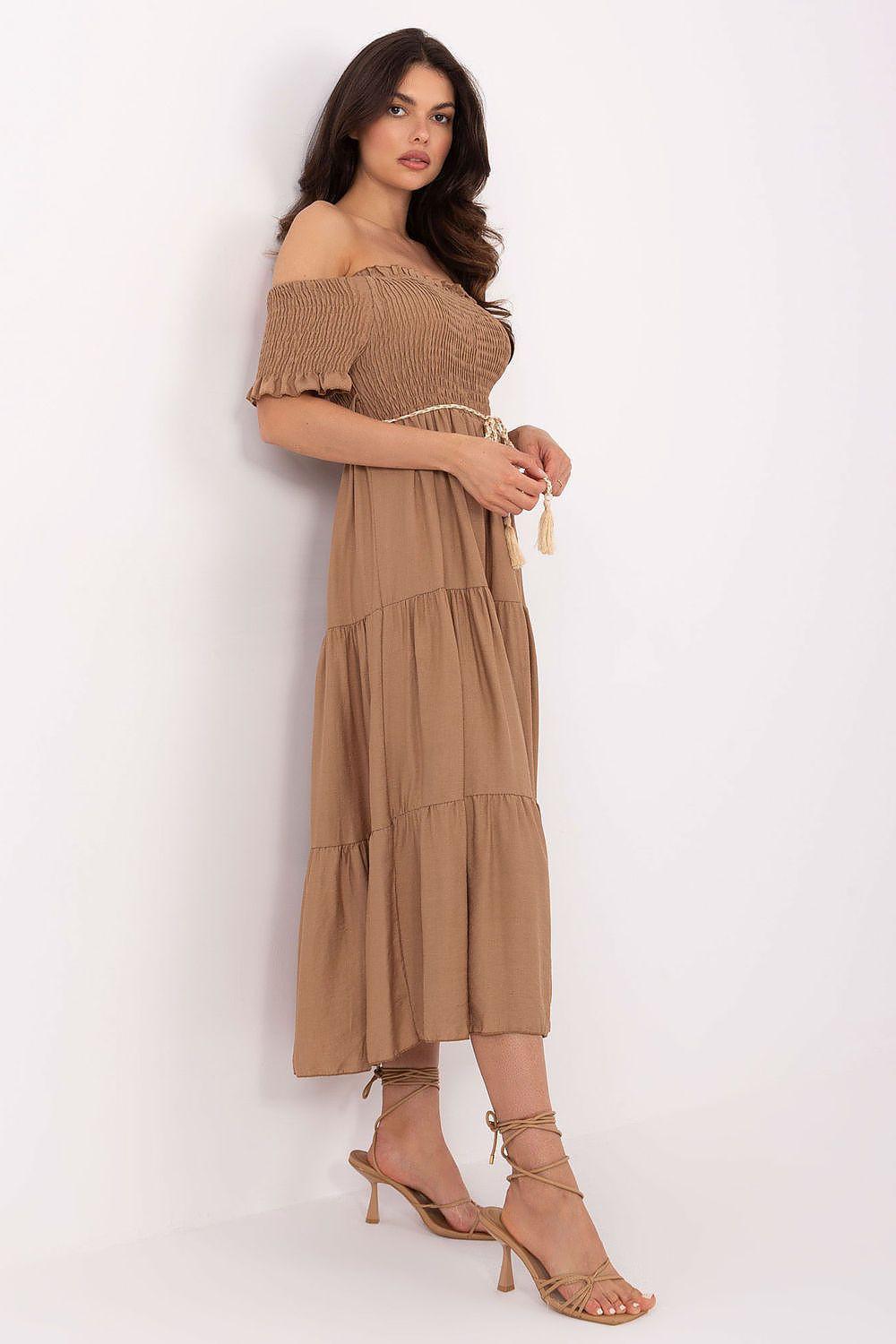Tan off-shoulder tiered daydress with tassel drawstring waist