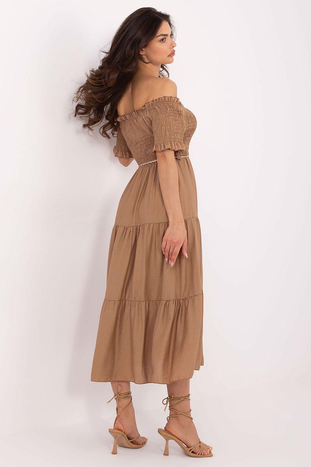 Tan off-shoulder tiered daydress, side view with waist drawstring