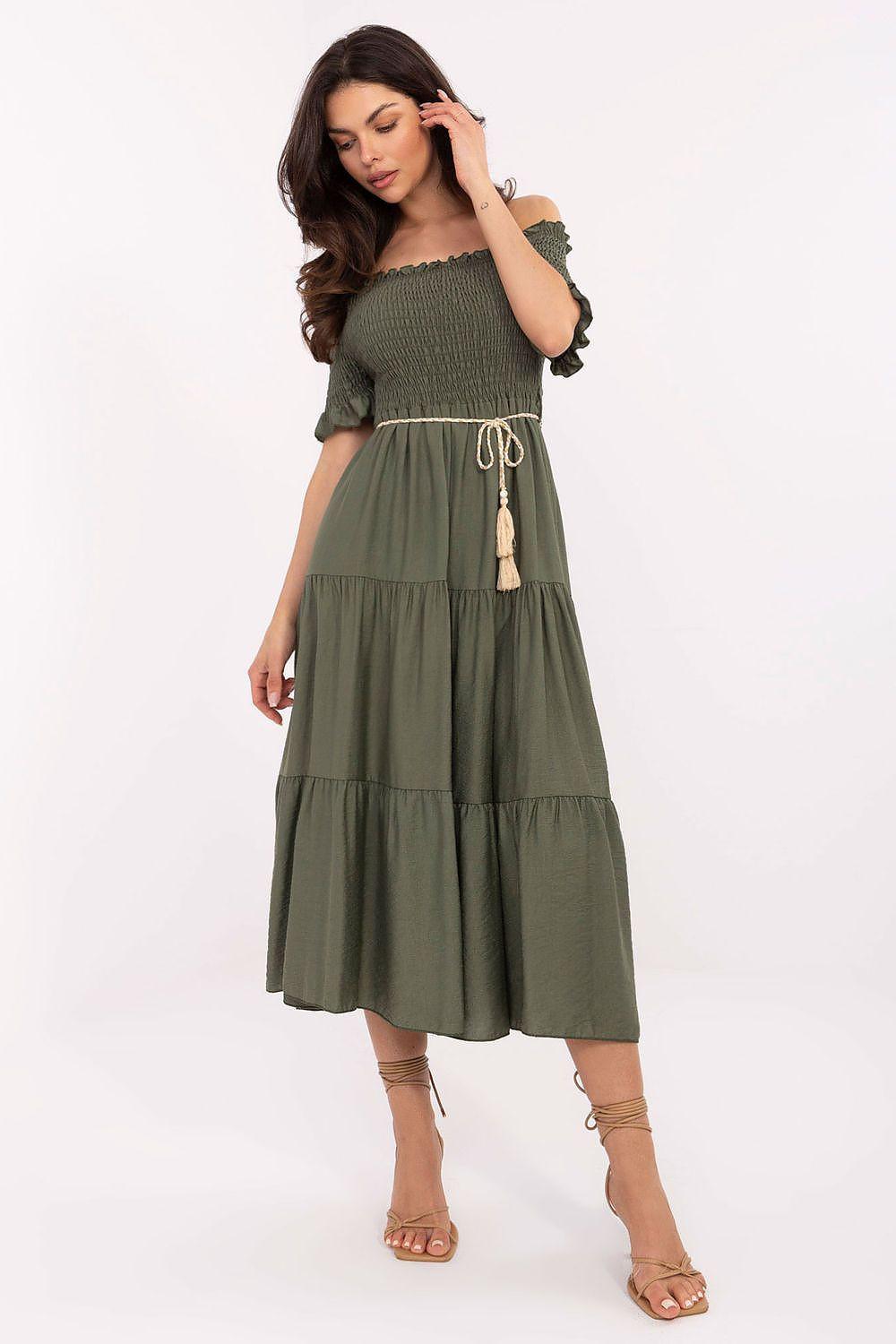 Olive green off-shoulder tiered daydress with lace-up waist tie