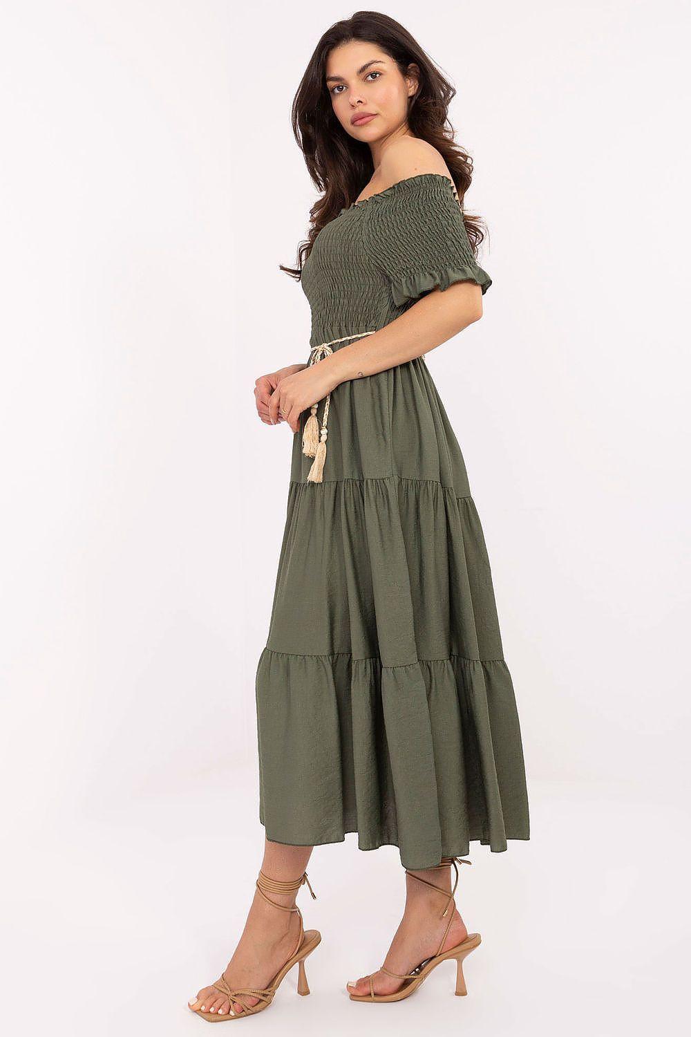 Olive green off-shoulder tiered day dress with ruffle sleeves