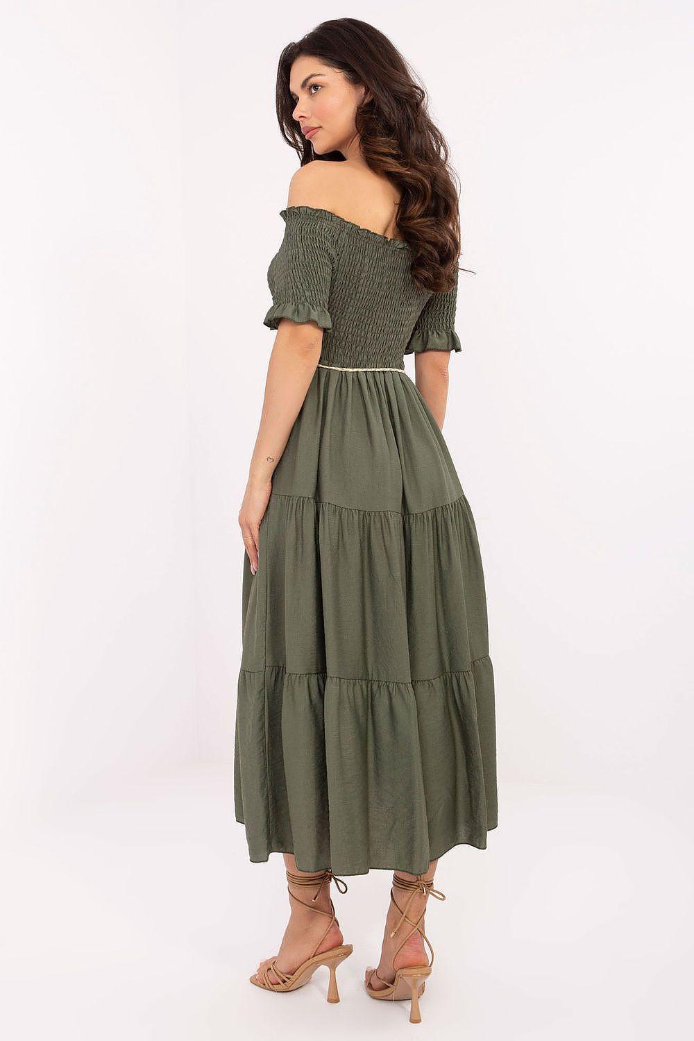 Olive green off-shoulder tiered day dress, smocked bodice and tiered skirt