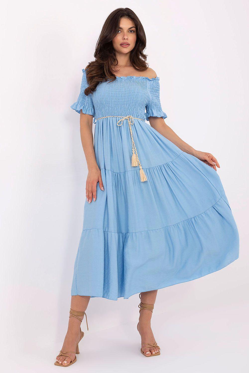 Light blue off-shoulder smocked day dress with tassel ties and tiered skirt