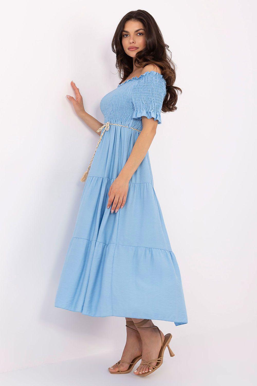 Light blue off-shoulder smocked day dress with lace-up tassel ties