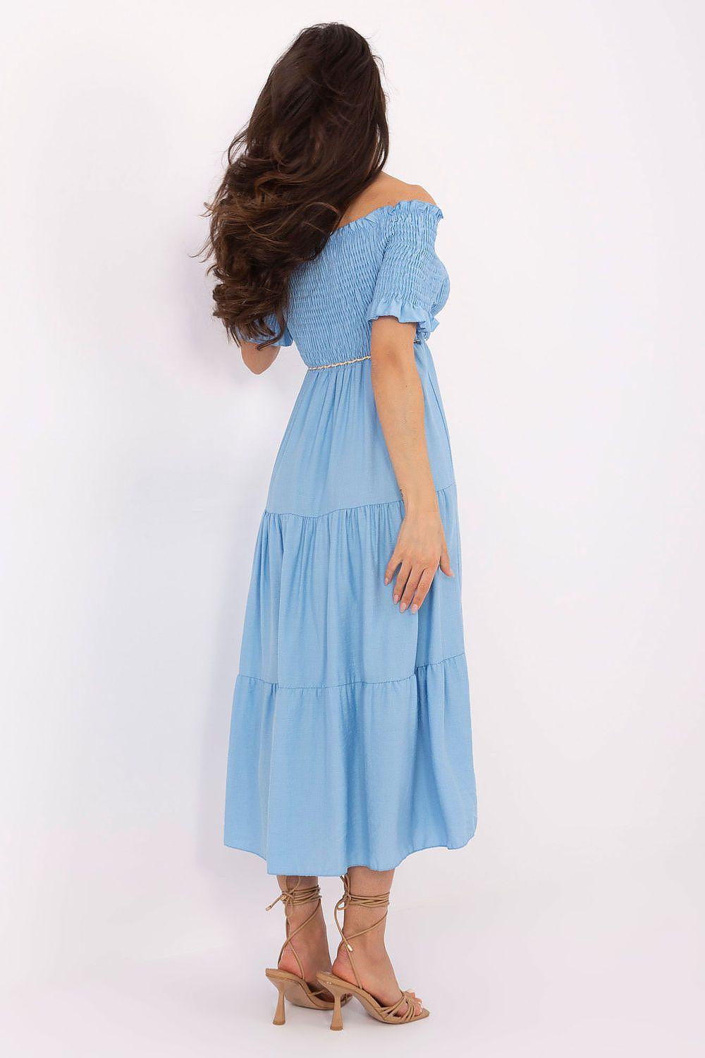 Light blue off-shoulder tiered day dress, short puff sleeves, back view