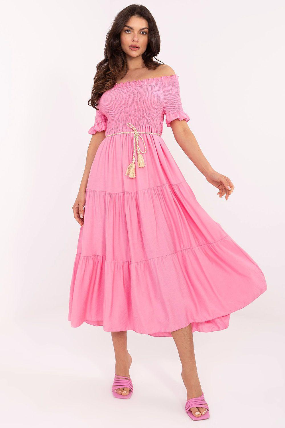 Pink off-shoulder smocked day dress with tiered skirt and tassel ties