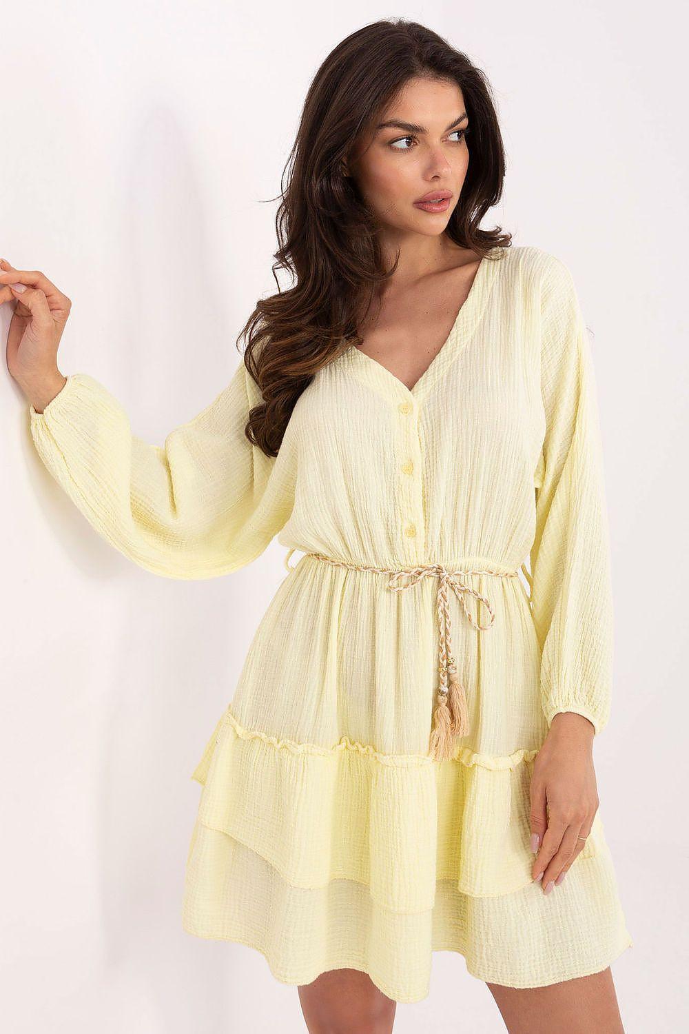 Yellow muslin boho mini daydress with V-neck and tiered ruffle skirt