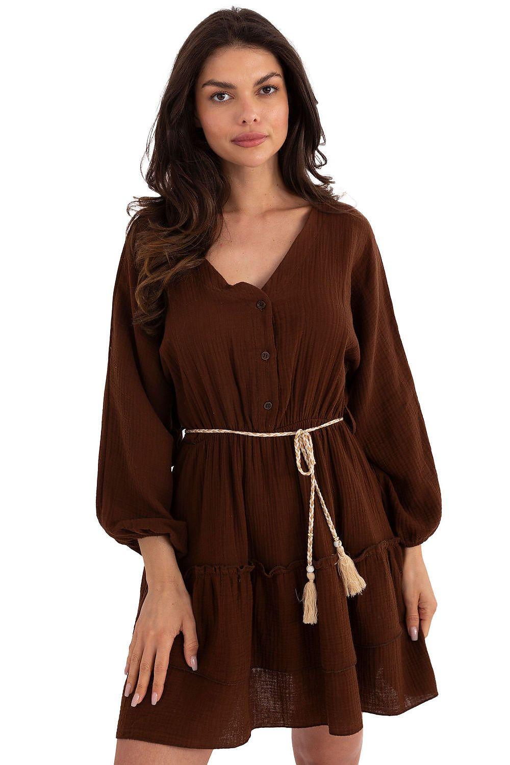 Brown daydress with V-neck and button front, tassel tie waist belt