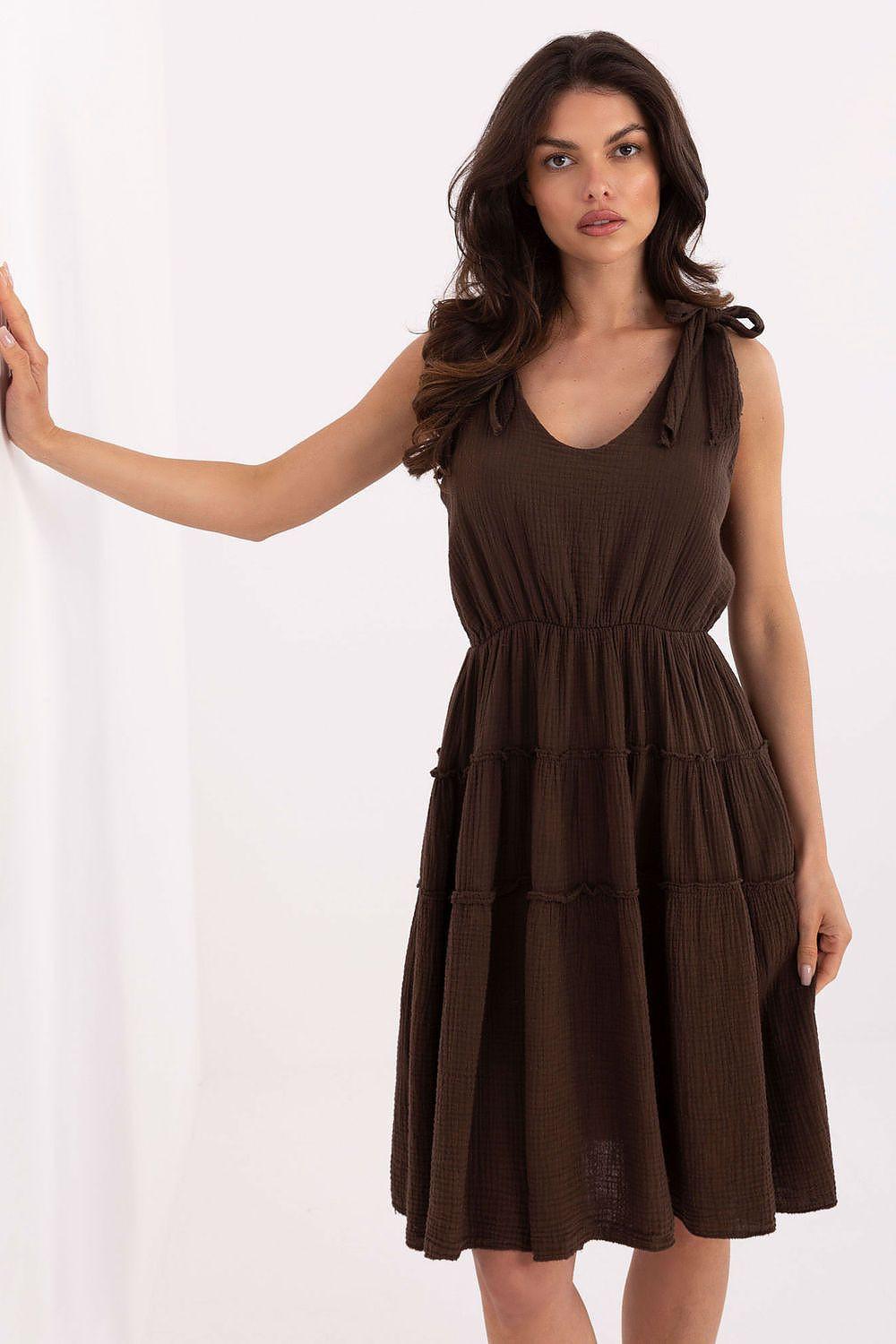 Brown cotton daydress with tiered flared skirt and gathered waist, sleeveless