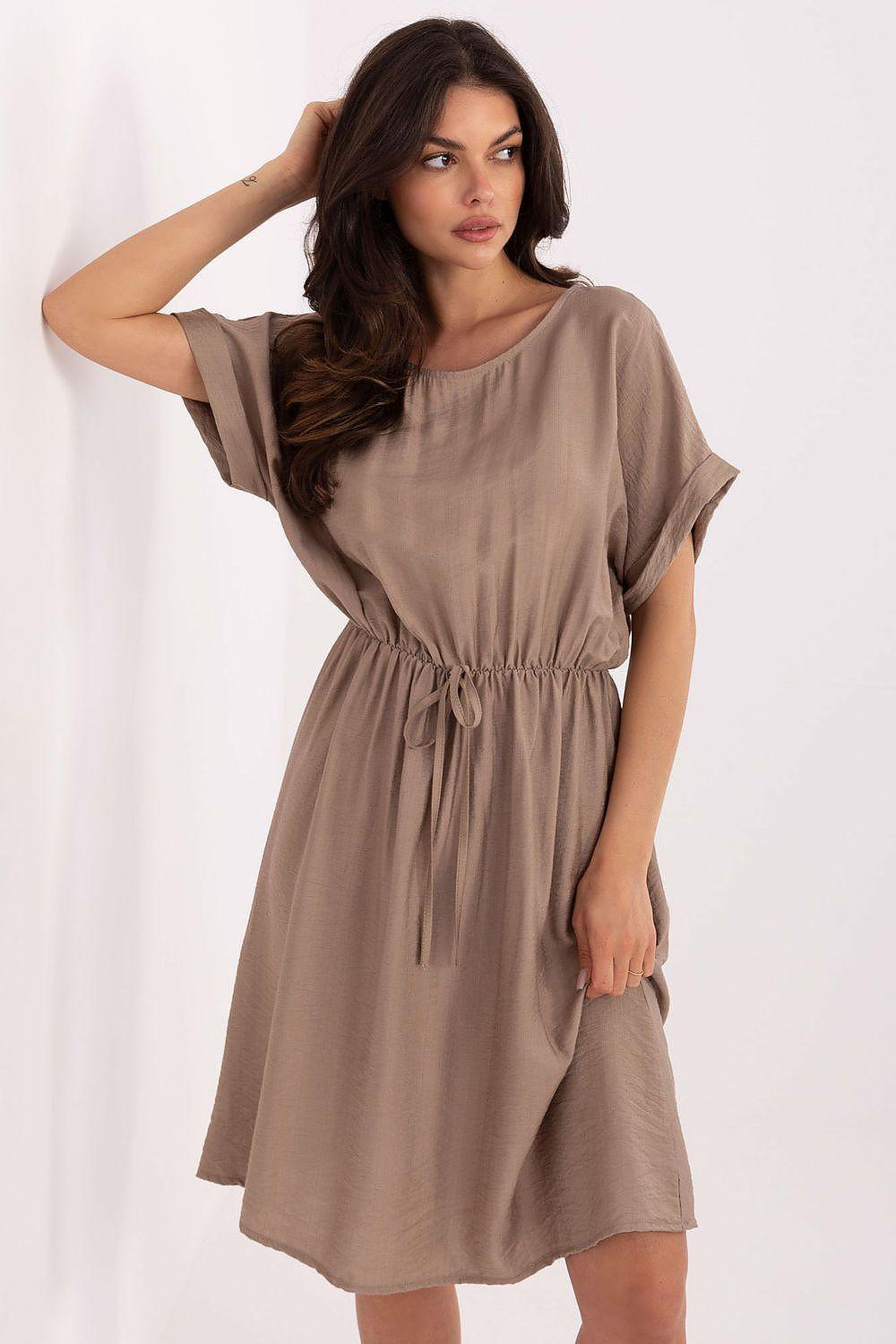 Beige daydress with waist tie, gathered waist, short flutter sleeves, flared skirt