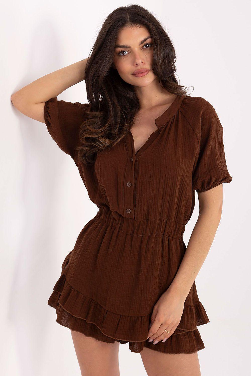 Brown short dress with puff sleeves, button front, and layered ruffle hem
