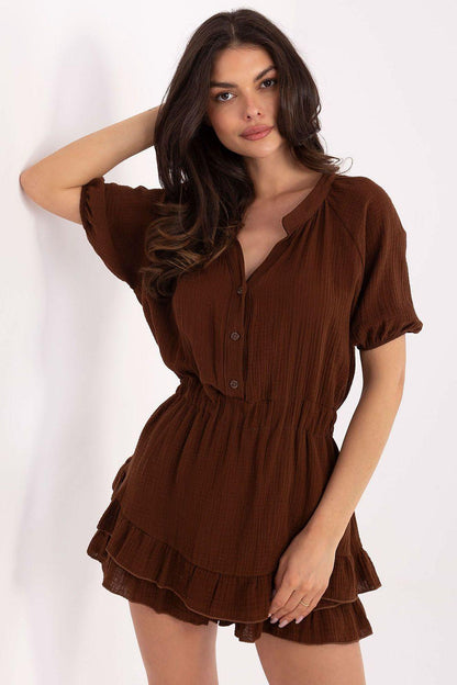 Brown short dress with puff sleeves, button front, and layered ruffle hem