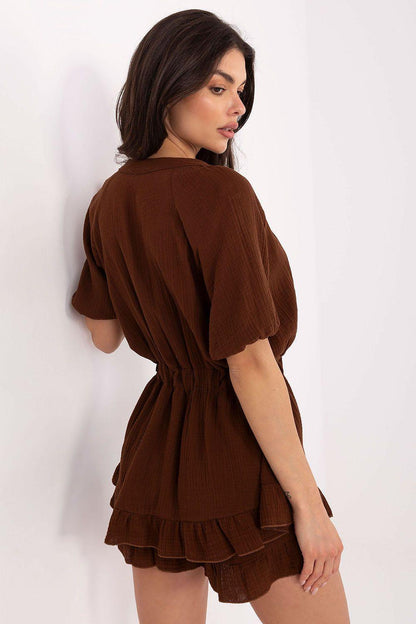 Brown back view short dress with puff sleeves and layered ruffle hem