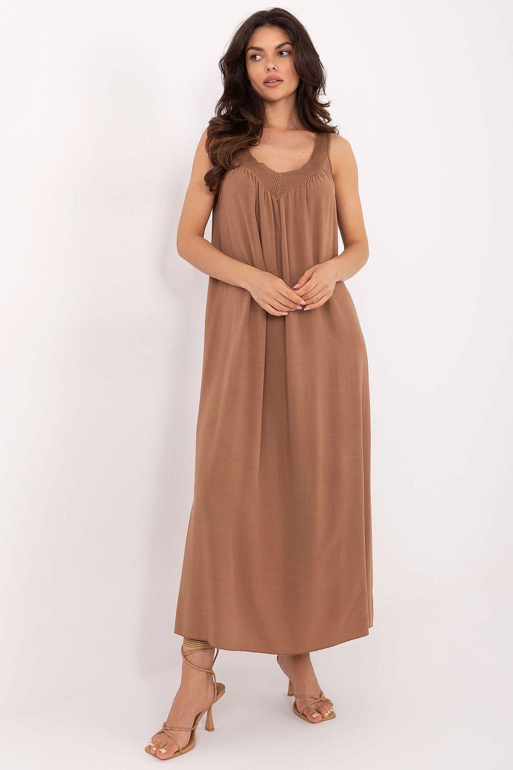 Brown viscose midi daydress with wide straps, scoop neck, relaxed oversized fit