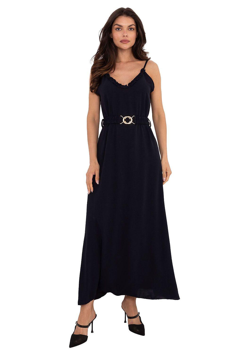 Navy blue spaghetti-strap daydress with V-neck, belt waist, and long maxi skirt