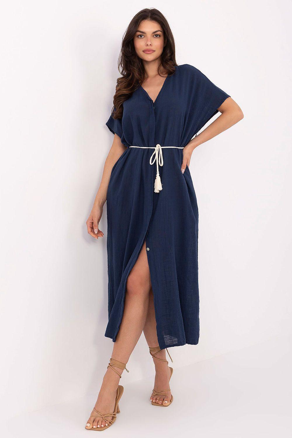 Navy cotton midi daydress with V-neck, short sleeves, tie belt and side slit