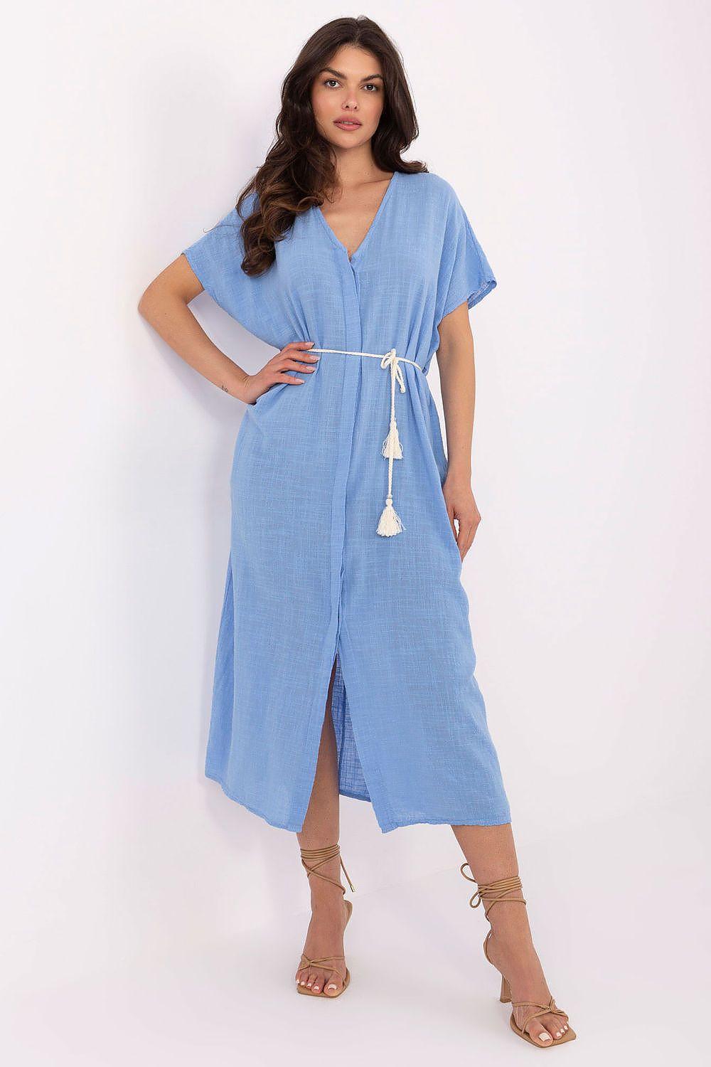 Blue linen-look daydress with V-neck, tied waist and tassel, front slit