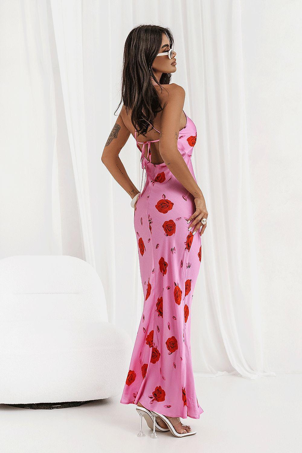 Evening dress IVON in pink with red floral print, open back, spaghetti straps, maxi