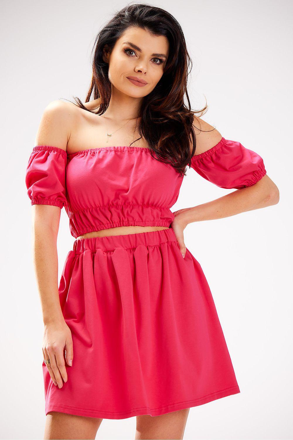 Pink off-shoulder mini dress with puff sleeves and smocked waist, short gathered skirt