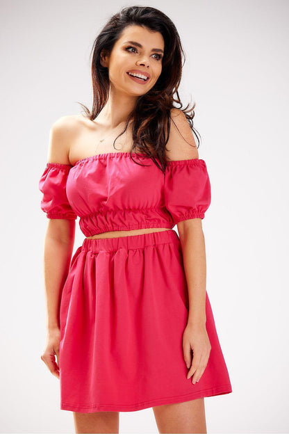Pink off-shoulder mini blouse with puff sleeves and gathered waist