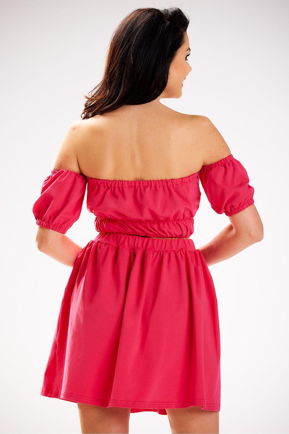Pink off-shoulder mini blouse, back view with puff sleeves and waist gathers