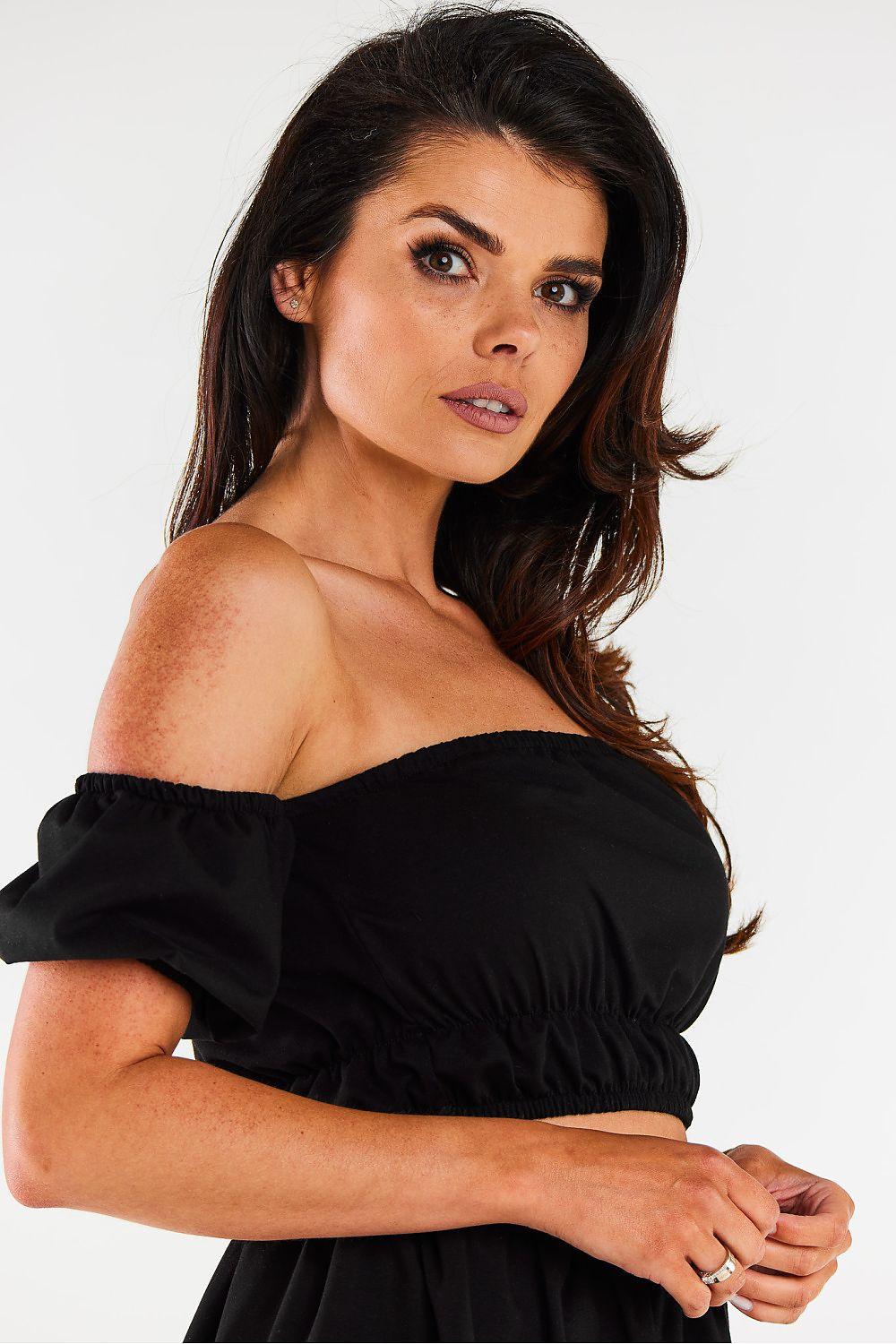 Black off-shoulder mini blouse, front view with gathered neckline and puff sleeves