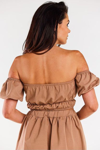 Beige off-shoulder mini blouse, back view with puff sleeves and gathered waist