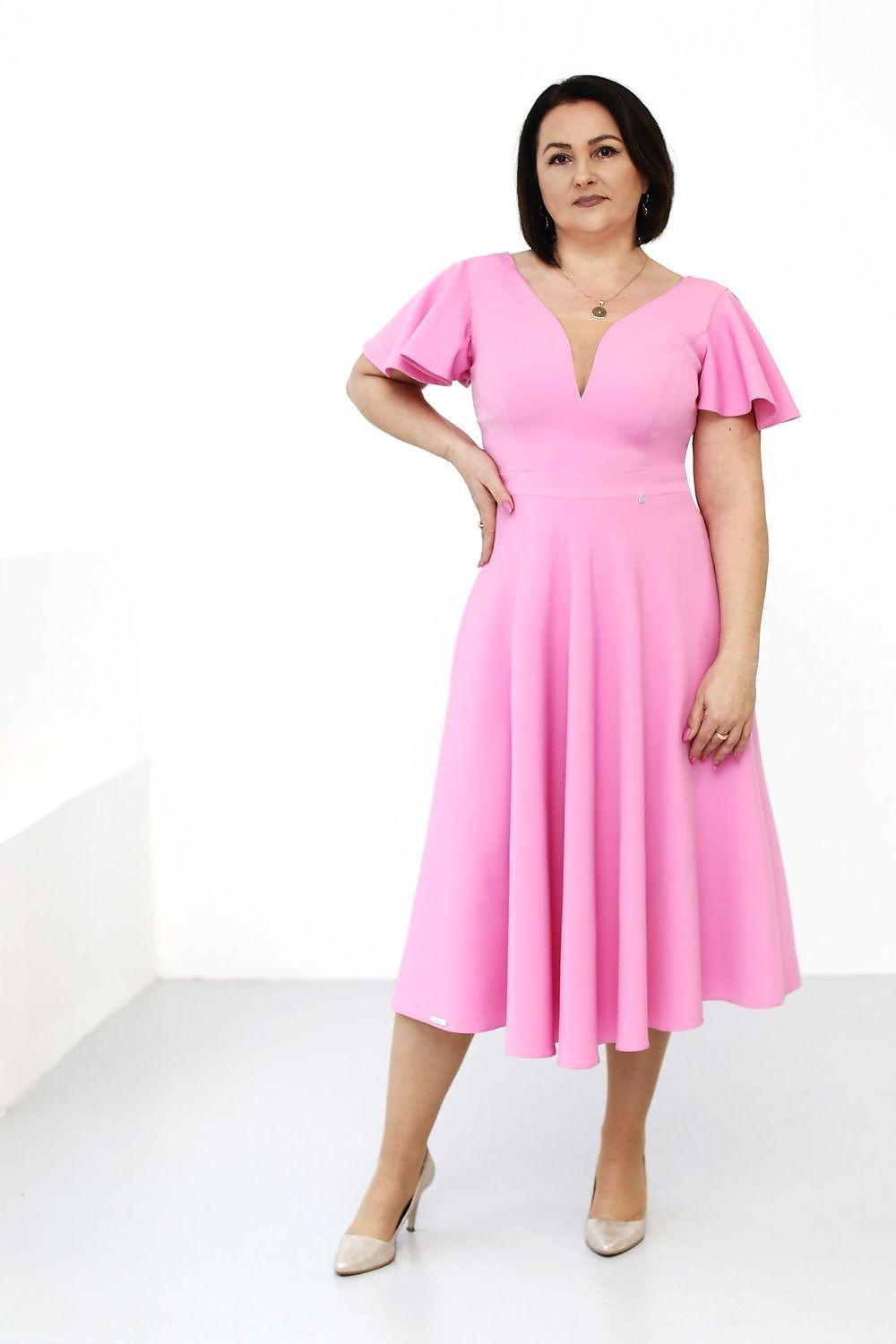 Pink cocktail dress with V-neck and short flutter sleeves, pleated midi skirt