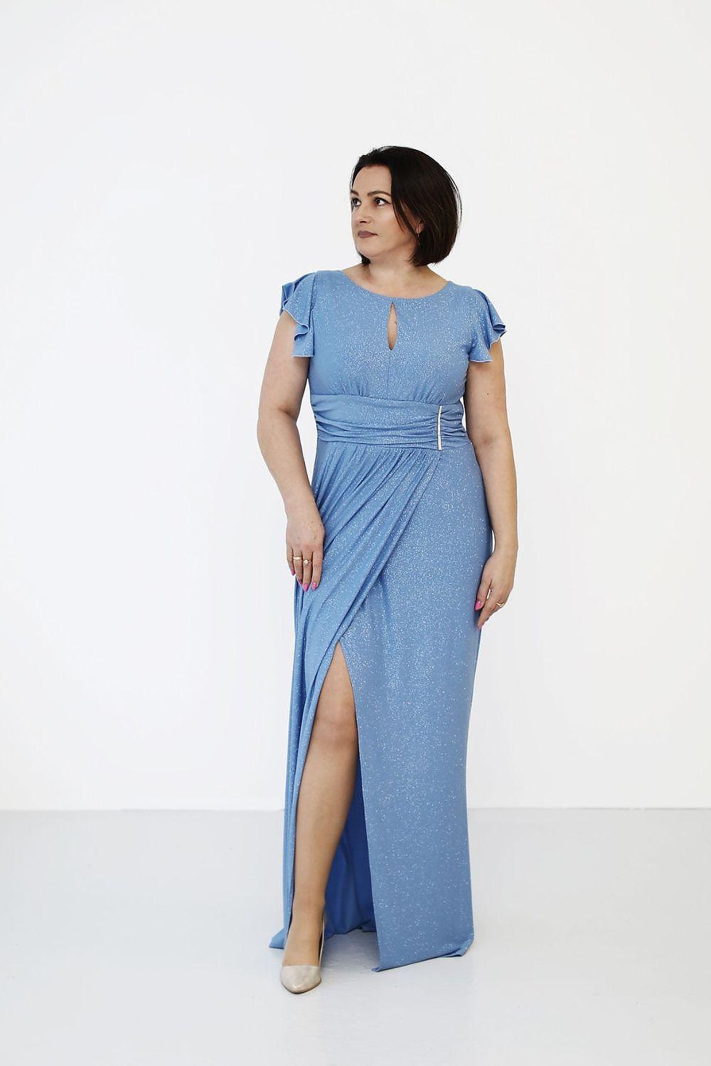 Blue long dress with flutter sleeves, front drape detail and side slit
