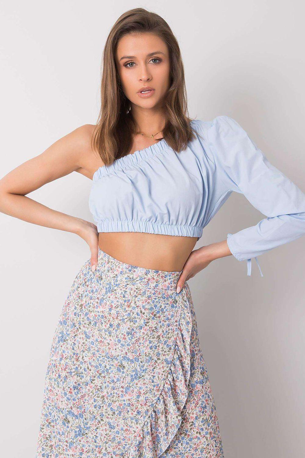 Blue off-shoulder blouse with ruched elastic neckline and short puff sleeves