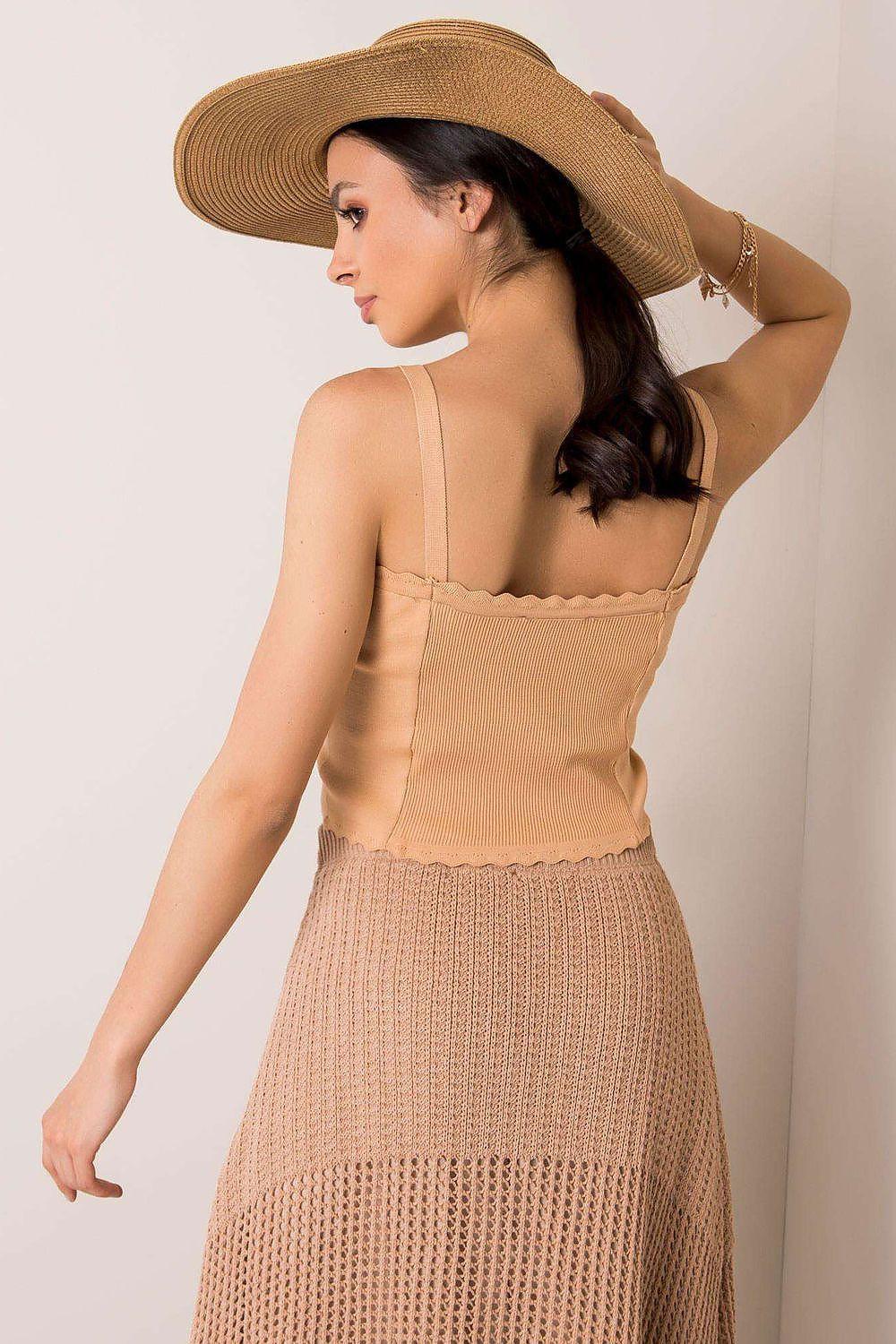 Rue Paris brown knit camisole top with open back and spaghetti straps