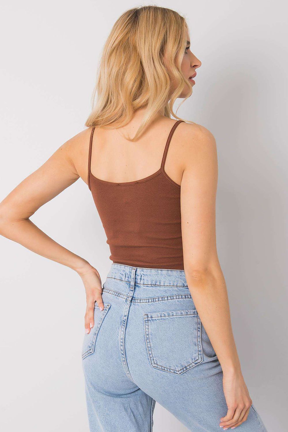 Ribbed cotton blend cropped tank top, brown, scoop back, thin straps