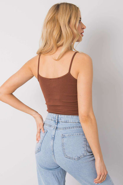 Ribbed cotton blend cropped tank top, brown, scoop back, thin straps