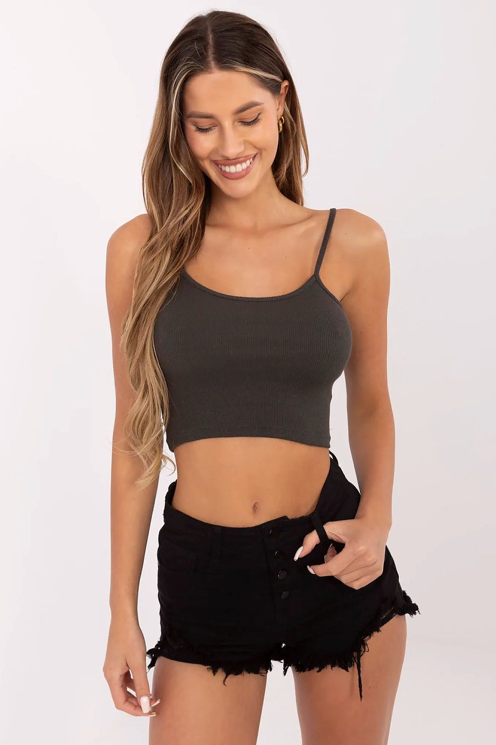 Ribbed cotton blend cropped tank top, dark, spaghetti straps