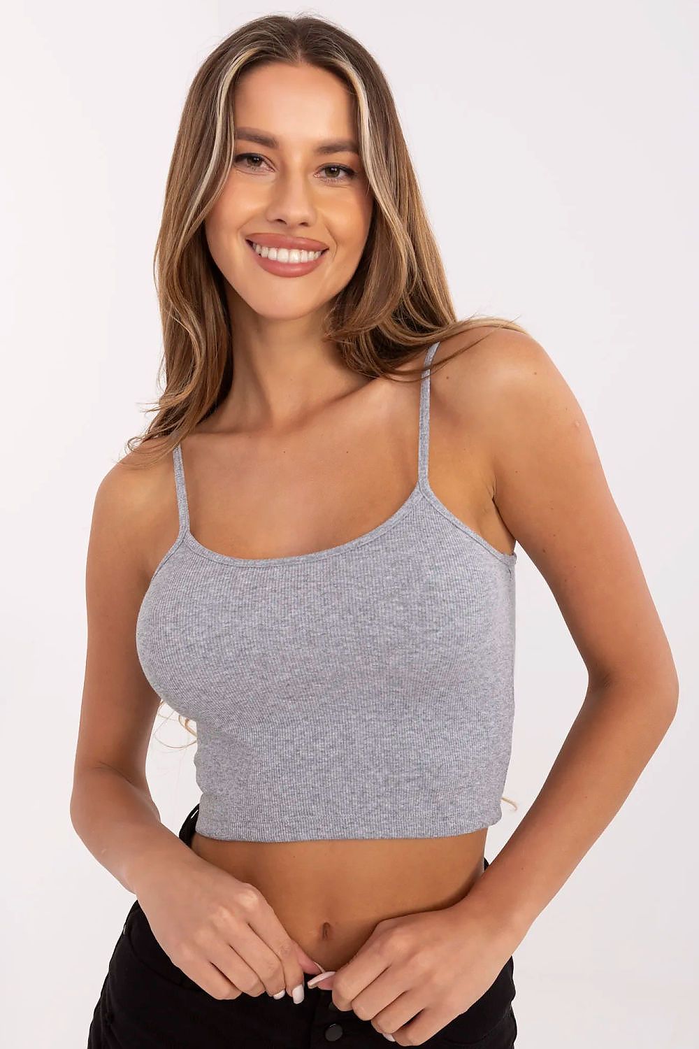 Ribbed cotton blend cropped tank top, grey, spaghetti straps