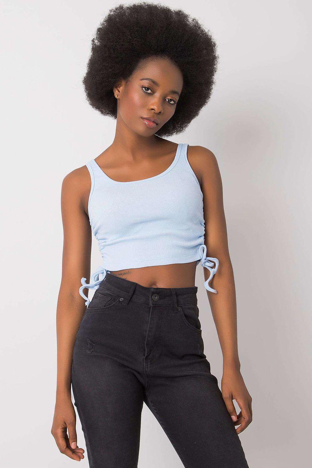 Light blue ribbed crop top with adjustable side ties, sleeveless scoop neck