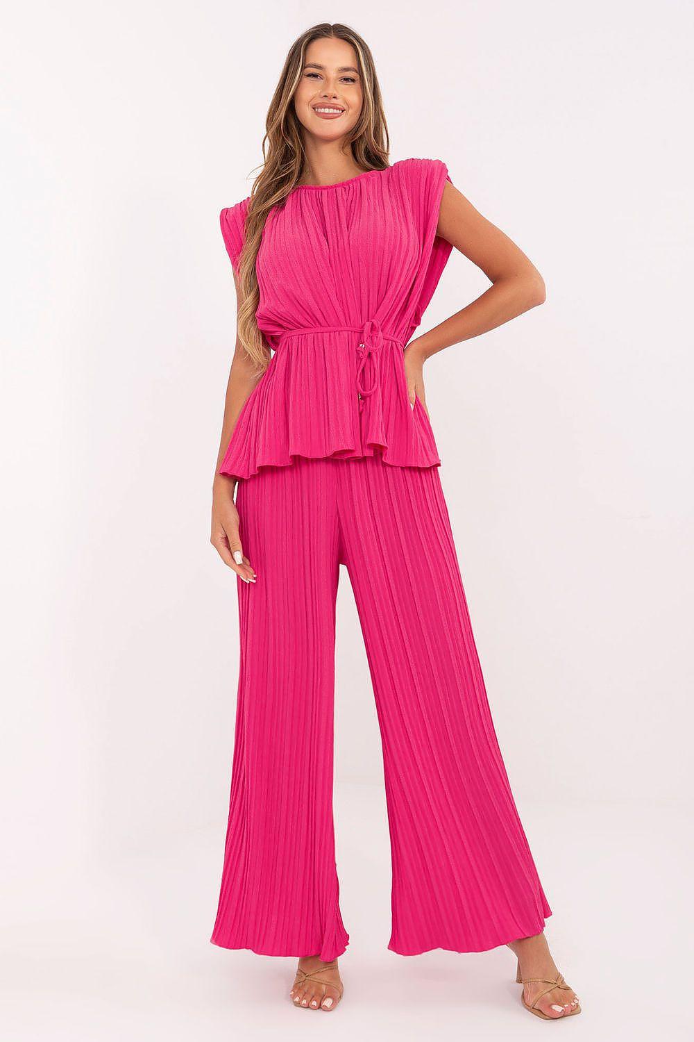 Pink pleated set with ruffle sleeveless top and wide-leg trousers