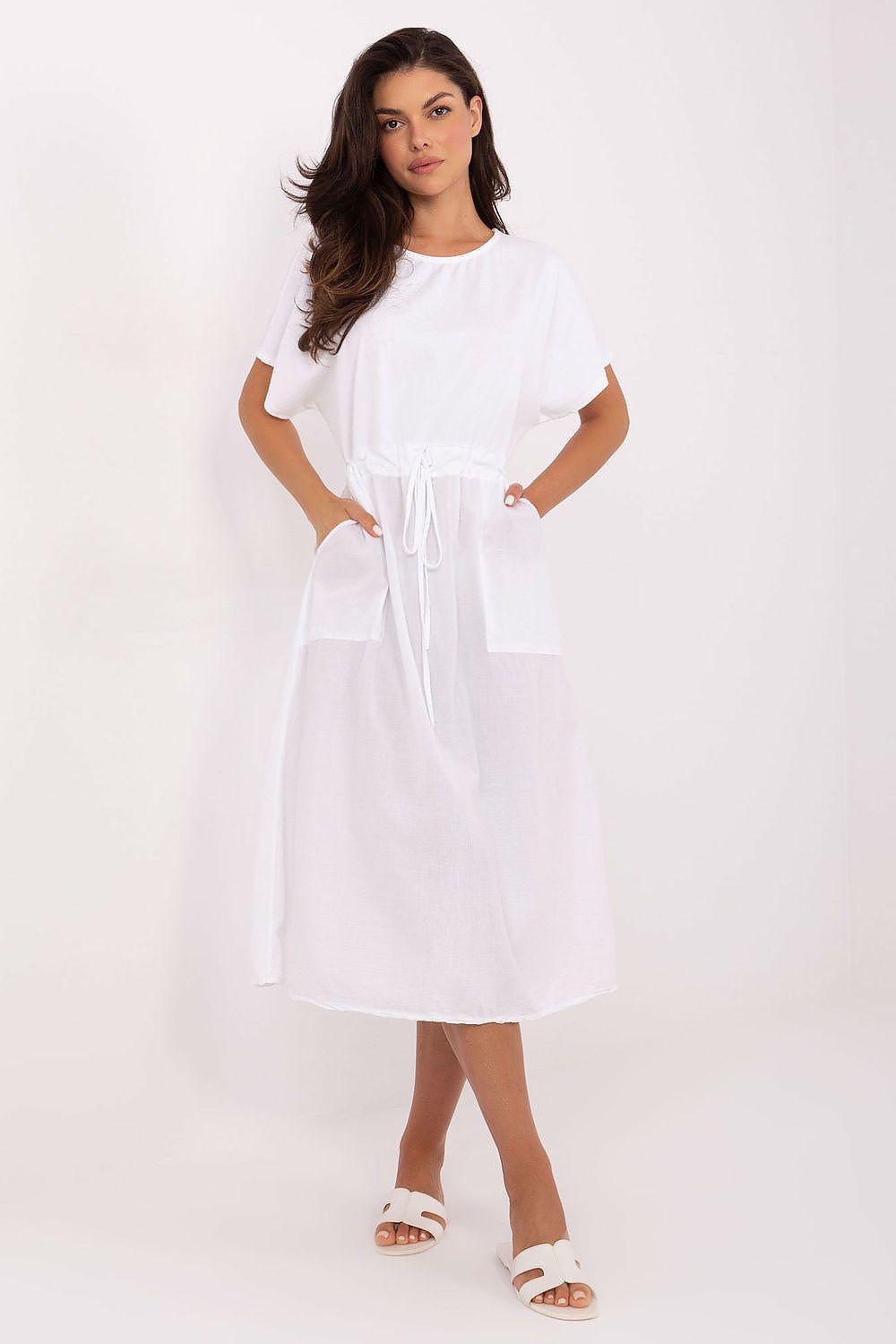 Och Bella daydress in white cotton midi with pockets, drawstring waist, short sleeves.
