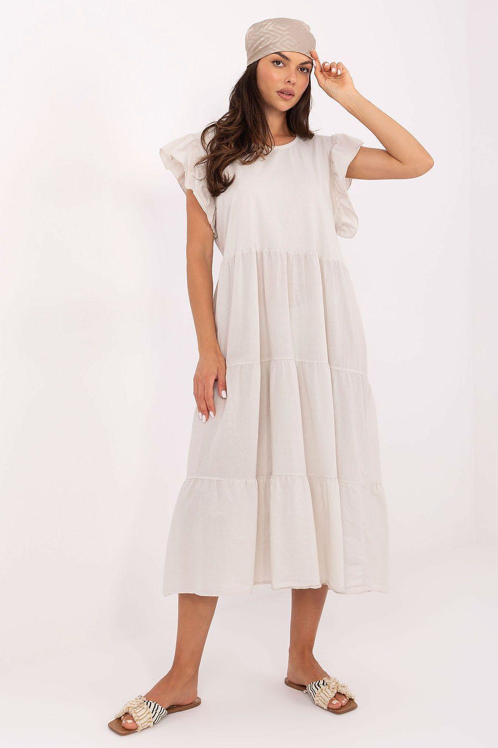 White tiered cotton daydress, oversize midi with frill sleeves and round neckline