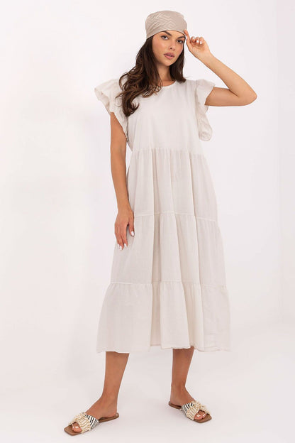 White cotton midi daydress with tiered skirt and frill cap sleeves