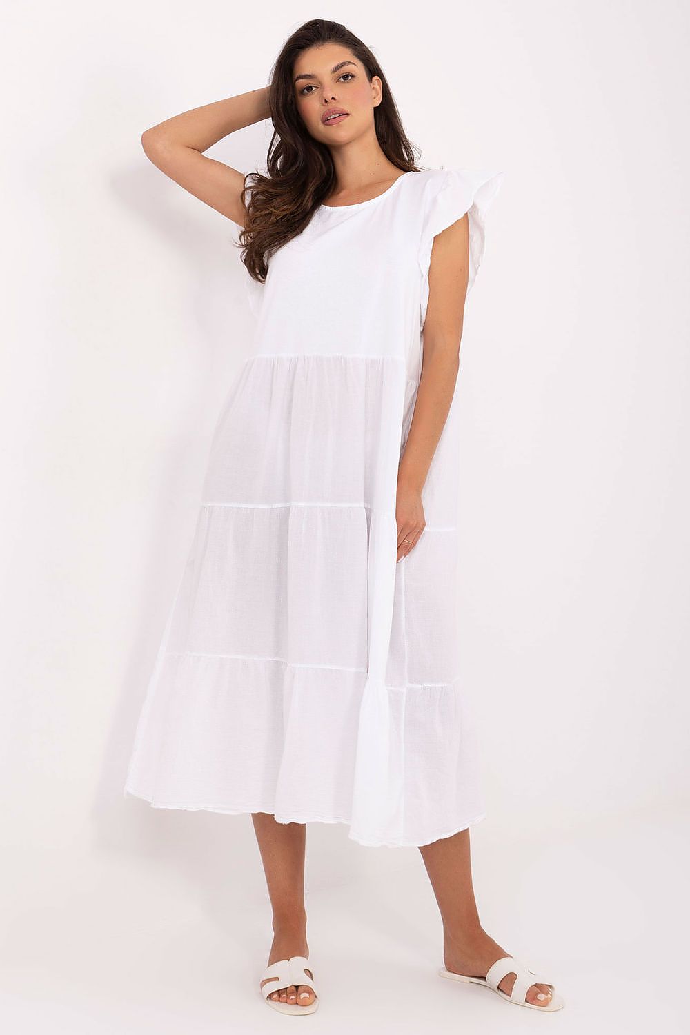 White cotton midi daydress with tiered skirt and frill cap sleeves, front view
