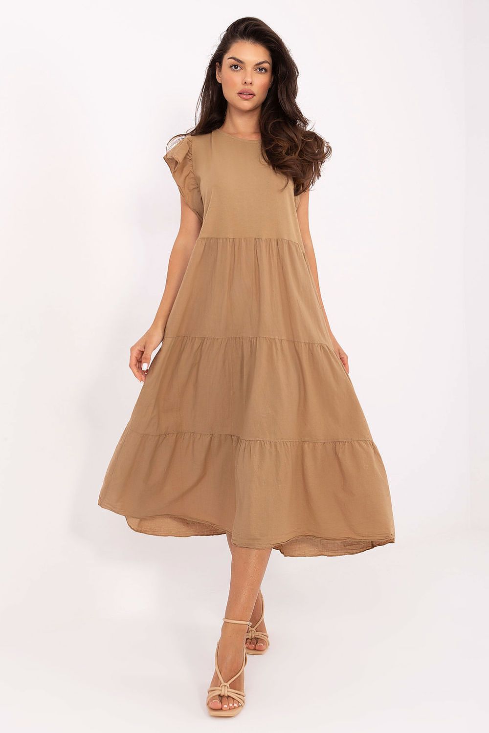 Tan cotton midi daydress with tiered skirt and frill cap sleeves, front view