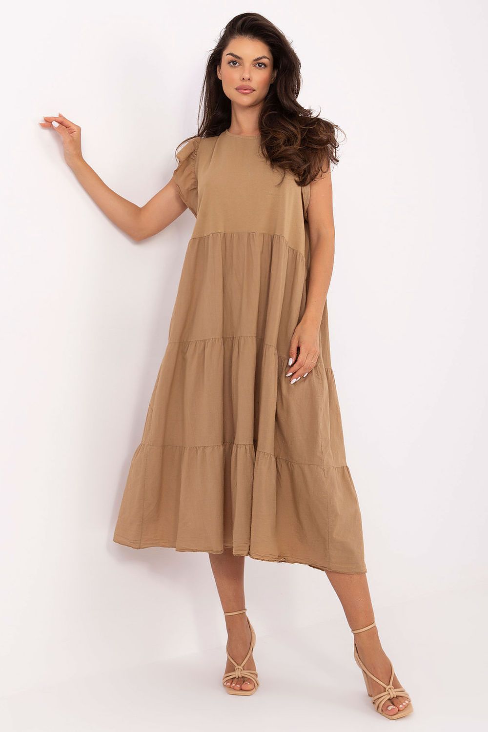 Tan cotton midi daydress with tiered skirt and frill cap sleeves, full front