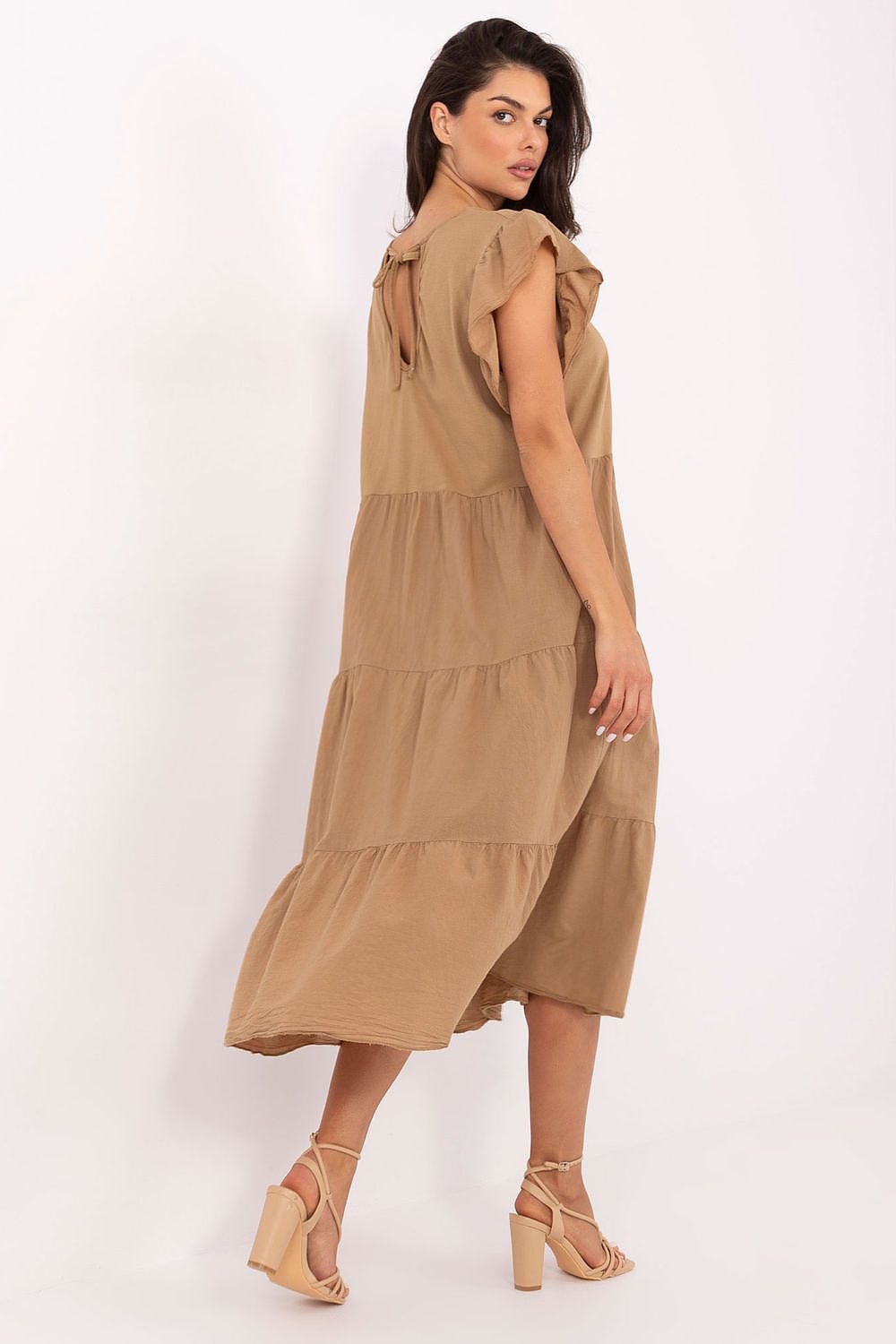 Tan cotton midi daydress with tiered skirt and frill cap sleeves, side view