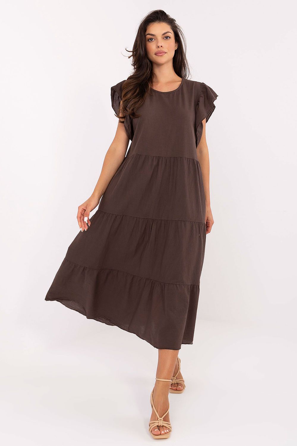 Dark brown cotton midi daydress with tiered skirt and frill cap sleeves