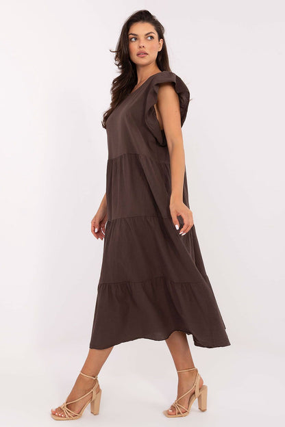 Och Bella cotton daydress, dark brown tiered midi, frill cap sleeves