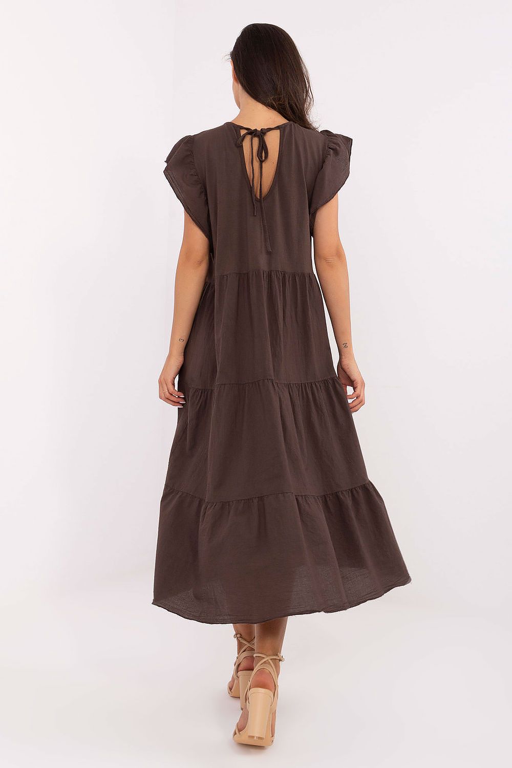 Och Bella cotton daydress, dark brown tiered midi, back tie keyhole